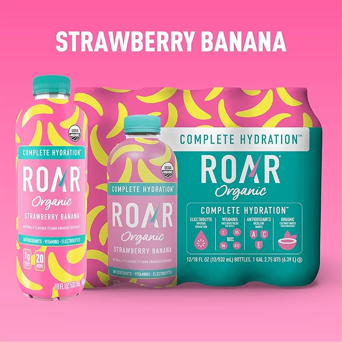 Roar Complete Hydration Organic - Electrolyte Drinks Loaded with Vitamins C B5 B12 - Non-GMO Gluten-Free - Strawberry Banana - 12 pc
