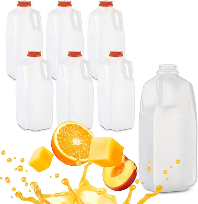 FIJIAN MADE 64 Oz Jugs Juice Bottles (Pack Of 6 x 64 Oz Ea) With Orange Tamper Evident Screw Caps – Great for Homemade Juices Milk Smoothies Tea and Other Beverages - Food Grade BPA Free