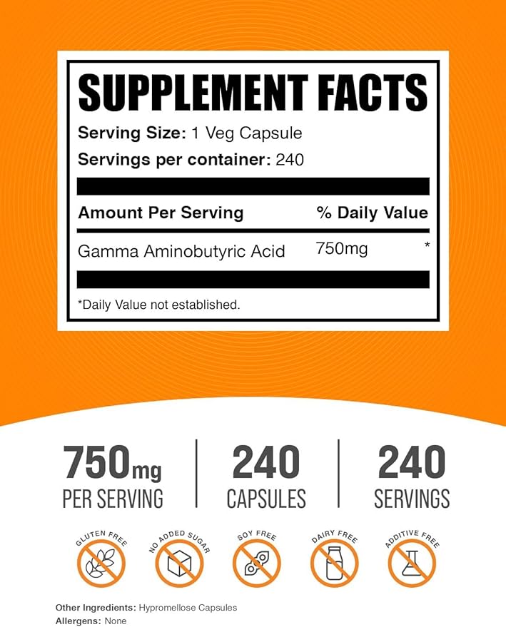 BulkSupplements.com Gamma Aminobutyric Acid Capsules - GABA Supplement GABA 750mg - Vegan &amp Gluten Free 1 Capsule per Serving 240 Count (Pack of 1)