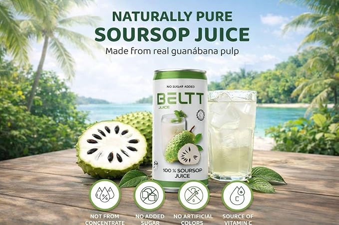 BELTT Soursop Juice 100% Fruit No Added Sugar No Preservatives Not From Concentrate Plant Based Drink Natural Electrolytes 11.1 FL OZ Cans Pack of 12