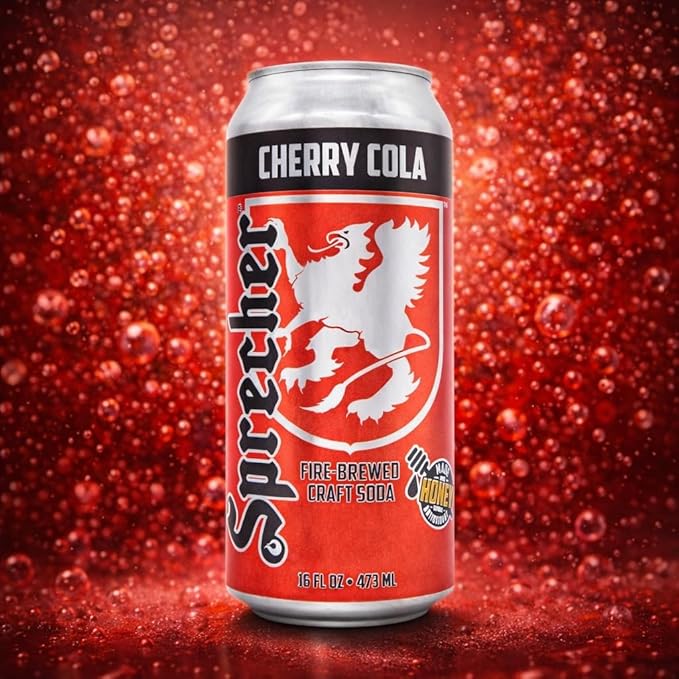 Sprecher Cherry Cola in 16 fl oz Cans (12 Pack) Fire-Brewed Craft Soda with Real Honey &amp Door County Cherry Juice Handcrafted Premium Cherry Soda Caffeine-Free Gourmet Beverage