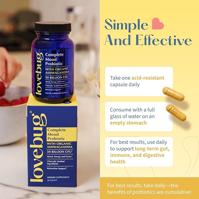 LoveBug Complete Mood Probiotics for Women - 50 Billion CFU 10 Clinically Studied Strains Lactobacillus Bifidobacterium Probiotic with Ashwagandha Digestive Health Mood Support Supplement 30 Count