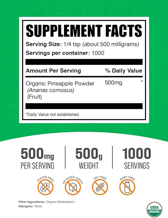 BulkSupplements.com Organic Pineapple Powder - Pineapple Fruit Powder for Flavoring &amp Smoothies - Unsweetened &amp Gluten Free 500mg per Serving 500g (1.1 lbs) (Pack of 1)