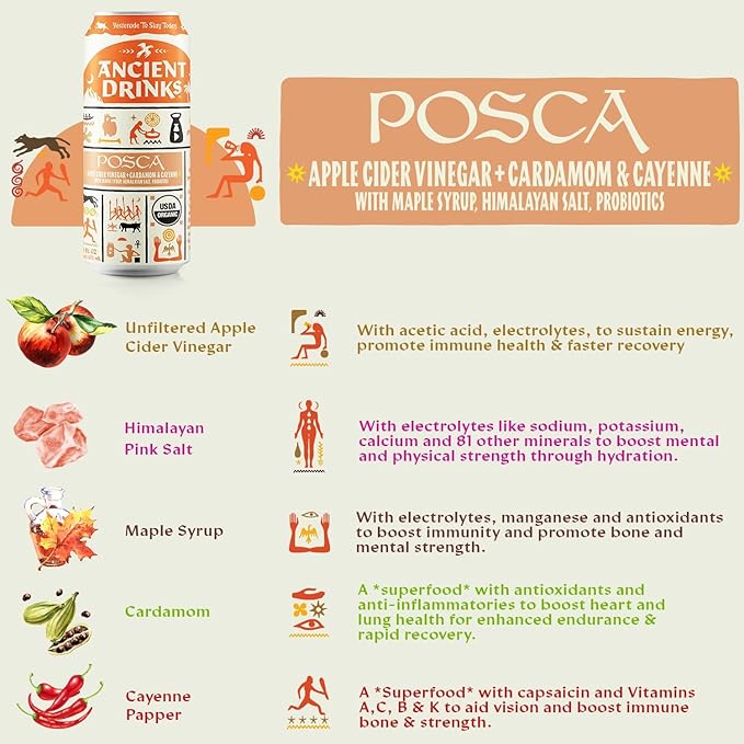 ANCIENT DRINKS Posca Apple Cider Vinegar Electrolyte Drink – Organic ACV Hydration Beverage with Probiotics &amp Natural Electrolytes – Ancient Roman Inspired Sports Drink – Cayenne &amp Cardamom –