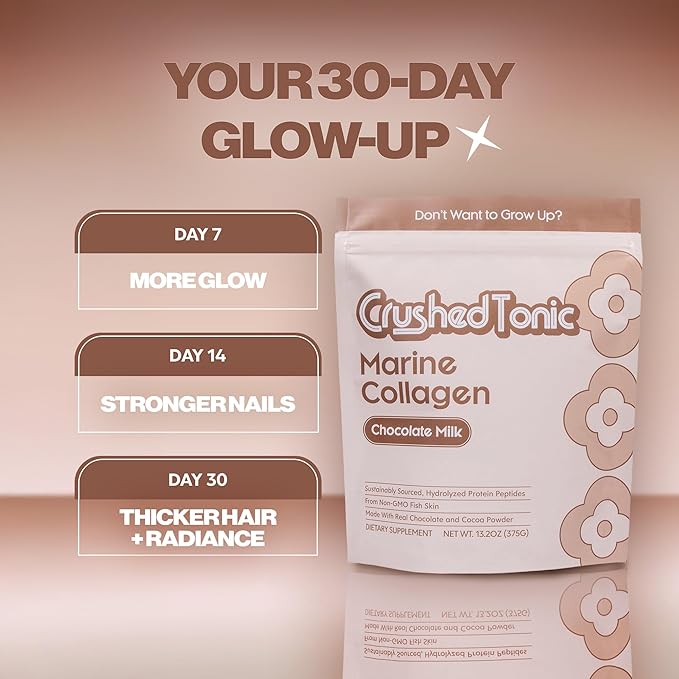 Crushed Tonic Marine Collagen Powder Korean Beauty Drink with Hydrolyzed Collagen Peptides for Skin Hair &amp Nails | Gluten-Free Halal &amp Kosher (Chocolate Milk 30 Servings (150 g) Pouch)
