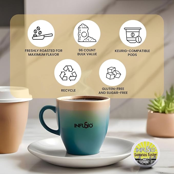 InfuSio Coffee Pods 96 Count - Bananas Foster Coffee Medium Roast Flavored Single Serve Pods for Keurig K Cups Brewers - InfuSio Premium Roasted Keurig 2.0 Compatible