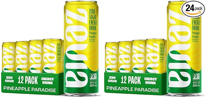 Zevia Zero Sugar Energy DrinkPineapple Paradise12 oz Cans – Naturally SweetenedNon-GMO Project VerifiedGluten-FreeVegan(Pack of 24)