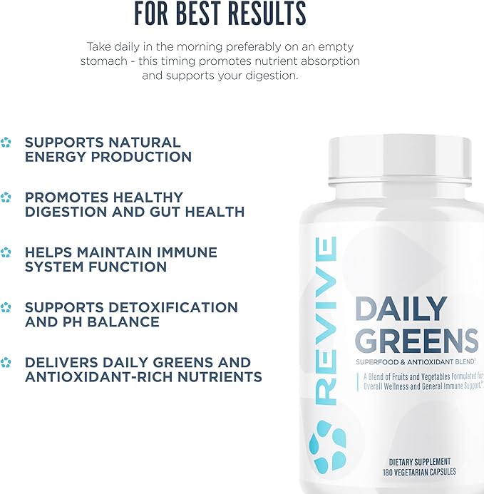 Revive MD Daily Greens Supplement for Men &amp Women - Superfood &amp Antioxidant Blend w/Digestive Enzymes Prebiotics &amp Probiotics for Immune Support Digestive &amp Gut Health - 180 Capsules