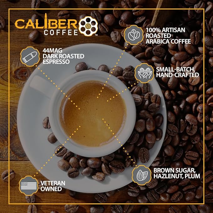 Caliber Coffee .44 Mag Ground Espresso Roast – Bold Smooth Rich Crema Flavors – 100% Artisan Roasted Arabica Coffee – Small-Batch Hand-Crafted – Veteran Owned – 12oz Bag
