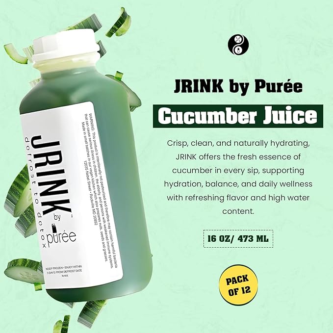 JRINK by Purée Organic Cucumber Juice Cold Pressed Detox Drink Healthy Cleanse with No Preservatives Fresh Raw Juice in HDPE Bottles Organic Fruit and Vegetable Cleanse Beverage 16oz Pack of 12