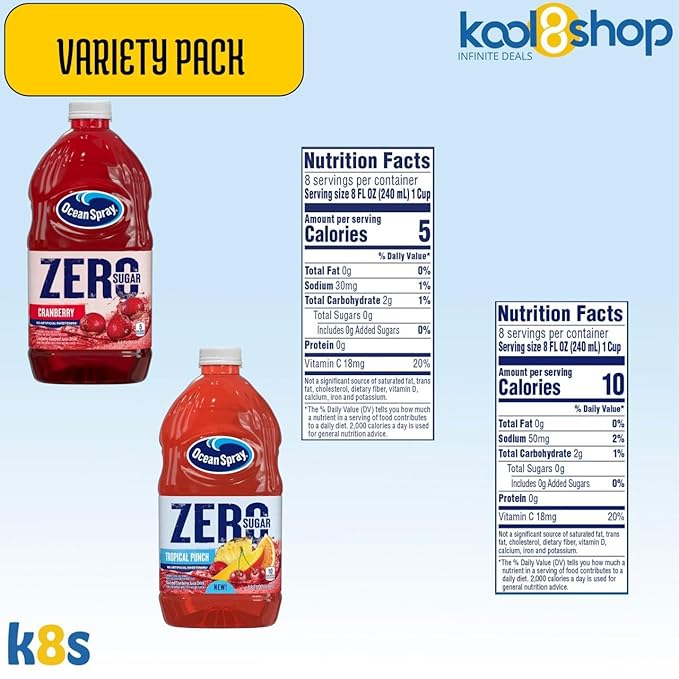 Ocean Spray Zero Sugar Variety Pack Fruit Juice Drink 64 fl oz 4 Pack + 15 Sugarcane Disposable Straws by KOOL8SHOP Infinite Deals