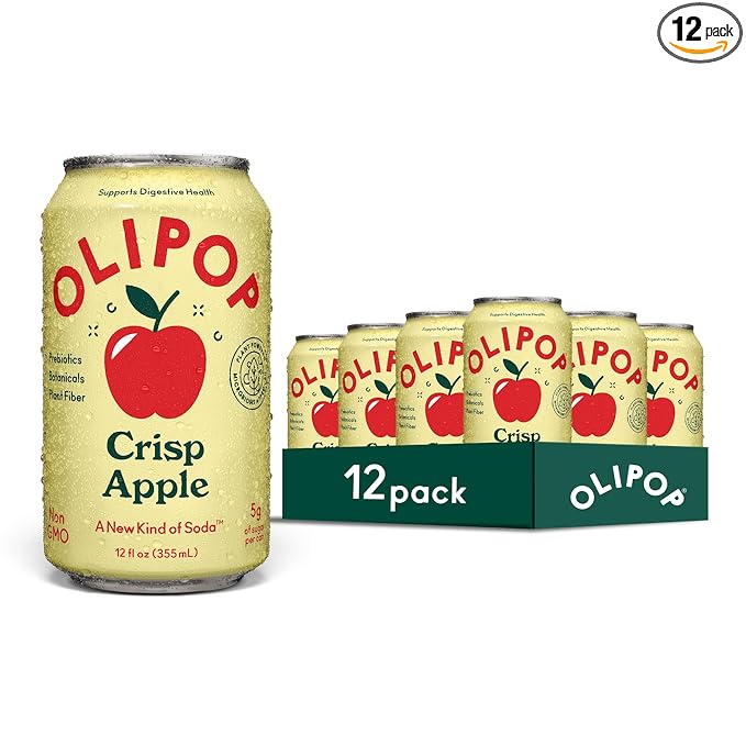 OLIPOP Prebiotic Soda Pop Crisp Apple Pantry Pack Packed with Prebiotics Fiber and Botanicals Gluten Free GMO Free 12oz (12-Cans)
