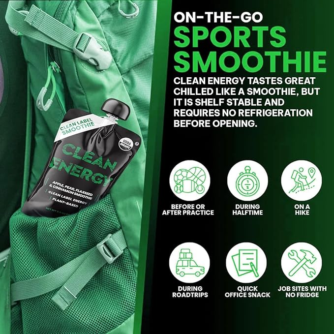 Clean Label Organic Fruit Smoothie Sports Pouches - Healthy Nutrition Drinks Gluten Free Caffeine Free Vegan Kosher Convenient Snacks - Apple Pear Cinnamon &amp Flaxseed Smoothie - 8 Pack