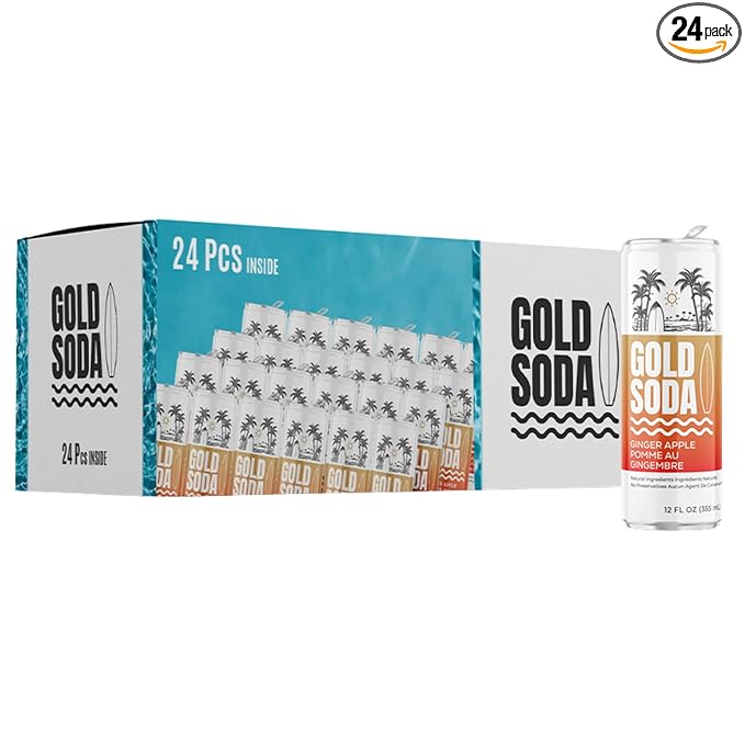 Gold Soda - Natural Ingredients - Organic Cane Sugar - Non-GMO - No Preservatives - Monk Fruit - Sparkling Water - Made with Natural and Organic Flavors12 Fl Oz (24 Pack) (24 Pack Ginger Apple)
