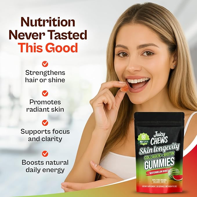 Biotin and Collagen Gummies | Low Sugar Non-GMO Collagen Gummies for Men and Women| All Natural Flavors | 60 Gummies | 30 Servings | Watermelon Flavor