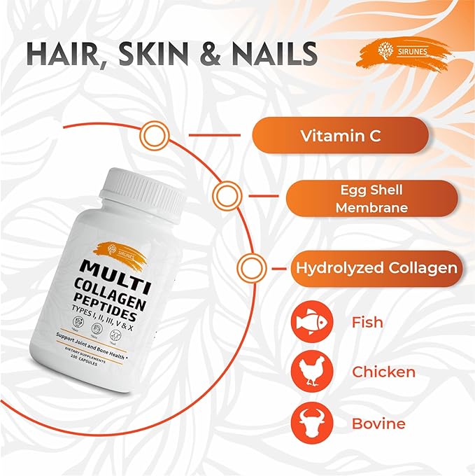 SIRUNES Multi Collagen Peptides Capsules - Non-GMO &amp Gluten Free Type I II III V X Hydrolyzed Collagen Supplements with Vitamin C - Supports Healthy Hair Skin Nails &amp Joints - 100 Capsu