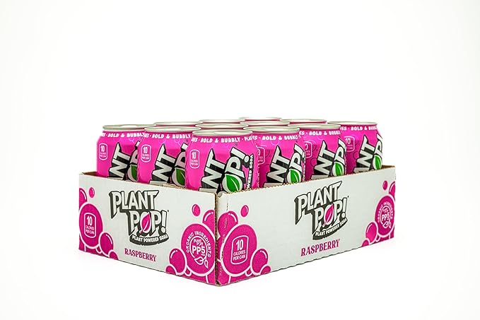 Plant Pop | Multifunctional Prebiotic Soda | Raspberry | 10 Calories | Natural fruity flavors | Made with Organic Plant-Based Ingredients | Caffeine Free | 12oz (12 pk) cans