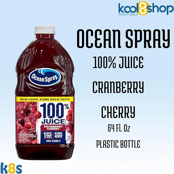 Ocean Spray 100% Cranberry Cherry Fruit Juice No Added Sugar 64 fl oz 4 Pack + 15 Sugarcane Disposable Straws by KOOL8SHOP Infinite Deals