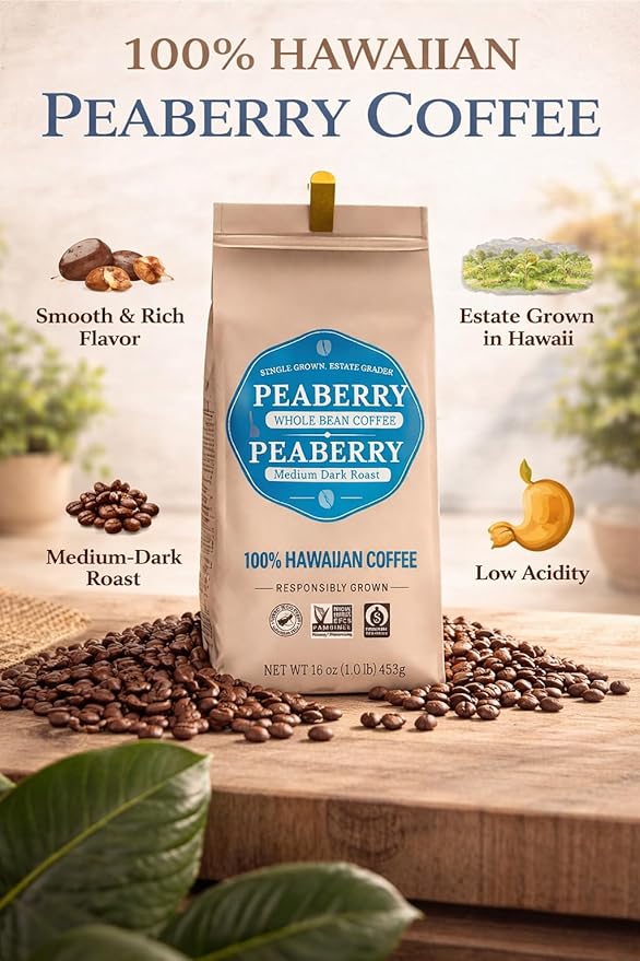 Hawaiian Peaberry Coffee Beans - Medium Dark Roast - 100% Kona Single Origin - Non-GMO Whole Bean Coffee - 16oz Premium Fresh Roasted