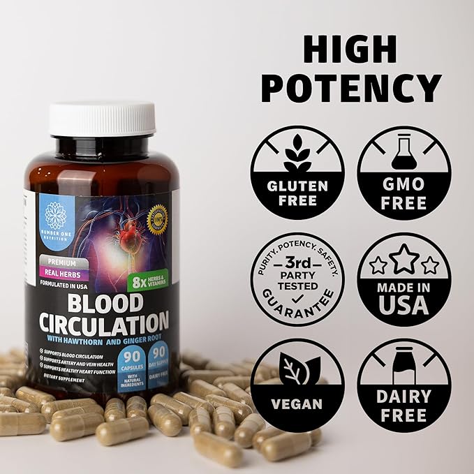 Number One Nutrition Premium Blood Circulation Supplement for Women and Men [8 Powerful Herbs &amp Vitamins] All Natural Blood Flow Supplement with Hawthorn Butchers Broom and Cayenne Pepper 90 Cap