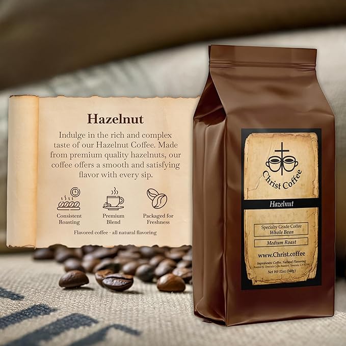 Christ Coffee Hazelnut Ground Bean | Smooth and Creamy Flavor Perfect for Daily Brew | Freshly Roasted Rich Aroma 16 oz Bag