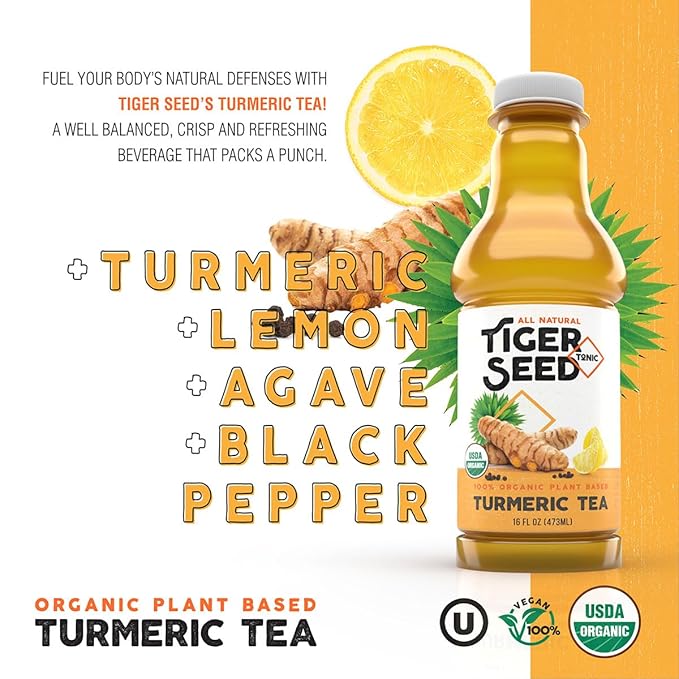 Ginger Aid Turmeric Tea and Elderberry Lemongrass - Tiger Seed Beverage Variety Pack - Plant Based Hydration &amp Immune Support - 16 FL OZ Bottles (Pack of 12) Organic Vegan Kosher