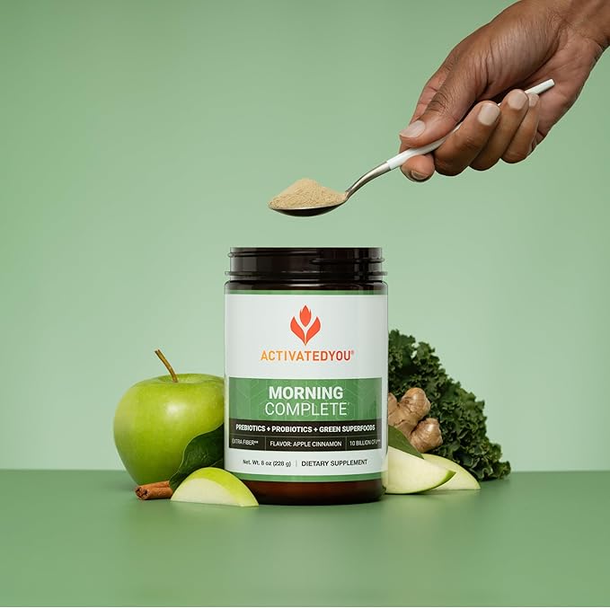 ACTIVATEDYOU Morning Complete Daily Wellness Greens Superfood Drink Mix for Gut Health w/Prebiotics Probiotics Antioxidants Green Superfoods 10 Billion CFUs 30 Servings (Apple Cinnamon)