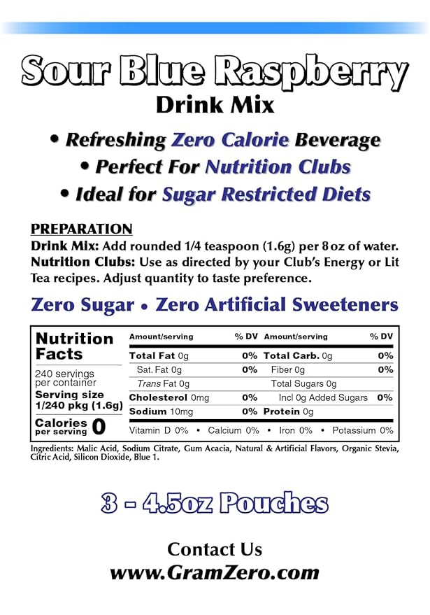 GramZero Sour Blue Raspberry Zero Calorie Sugar Free Drink Mix Great For Nutrition Club Loaded Tea Stevia Sweetened
