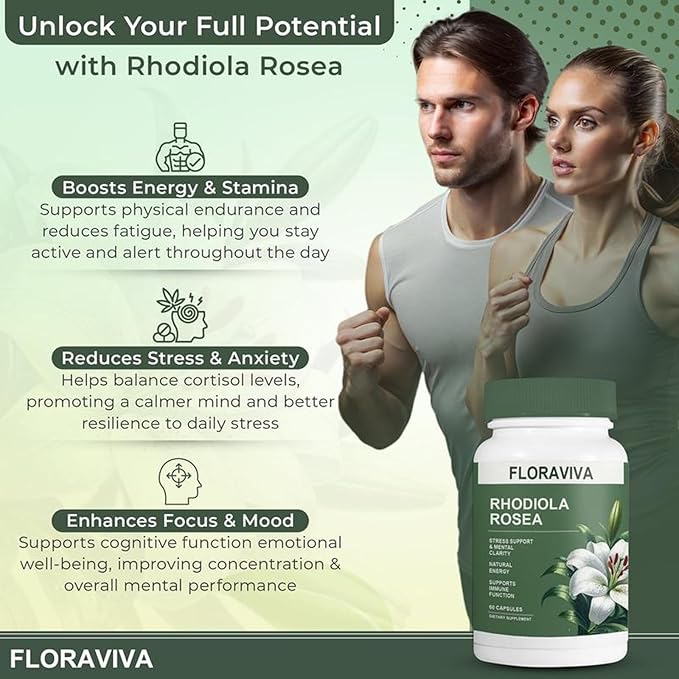 Floraviva Rhodiola Rosea Capsules 500mg - Natural Adaptogen Supplement for Stress Support Mental Focus &amp Energy - Non-GMO