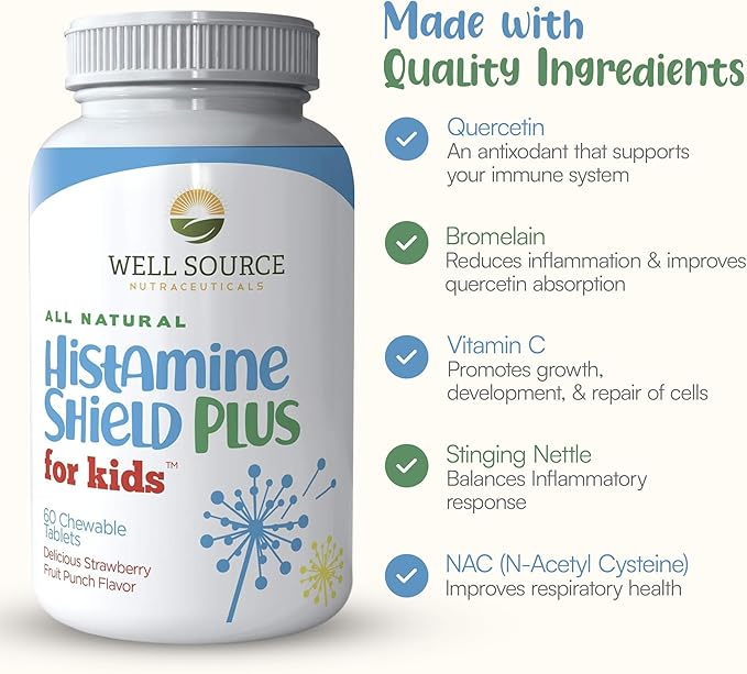 Natural Antihistamine Supplement Sinus &amp Allergy Relief for Pollen Pet Dander Dust Mold and Odors 60 Strawberry Fruit Punch Chewable Tablets