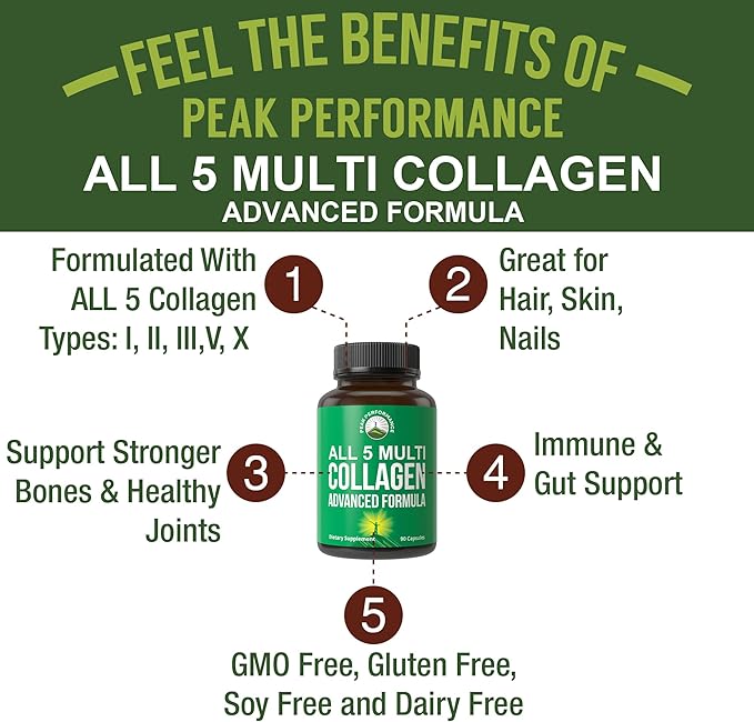Peak Performance All 5 Multi-Collagen Capsules - 90 Pills of Grass Fed Peptides Protein - Supplement with All 5 Collagen Types I II IIIV X from Beef Fish Eggshell and Chicken Bone Broth