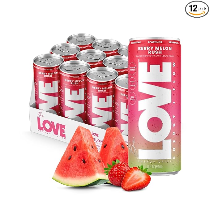 Be LOVE Energy + Flow – 80mg Natural Caffeine L-Theanine &amp Alpha-GPC for Clean Calm Focus – Zero Sugar Low Calorie 100% DV B-Vitamins – Non-GMO Vegan – 12 fl oz (Pack of 12) (Berry Melon Rush)