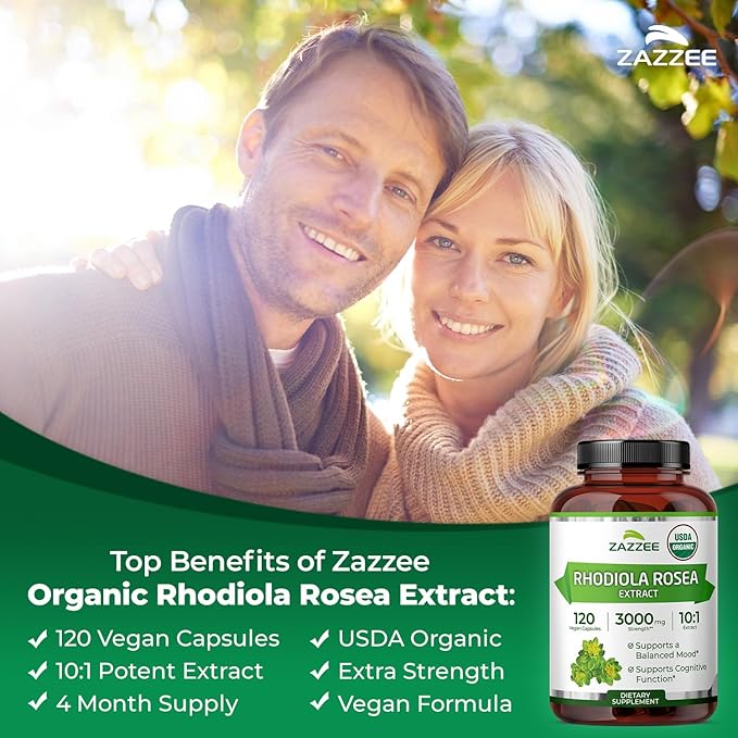 Zazzee USDA Organic Rhodiola 10:1 Extract 120 Capsules 4 Month Supply Rhodiola Rosea Energy Stress &amp Mental Focus Support Concentrated 10X Extract All-Natural Non-GMO Made in the USA