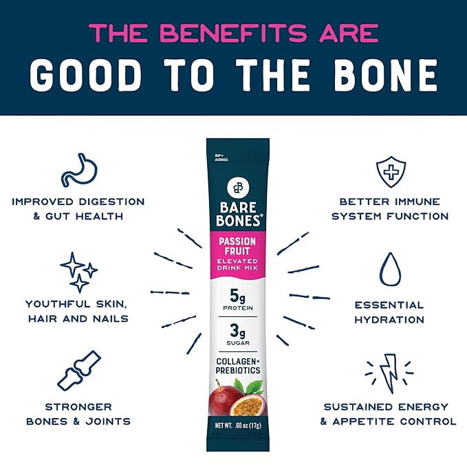 Bare Bones Passion Fruit Elevated Drink Mix | Light &amp Flavorful | Gluten-Free &amp Naturally Sweetened | On-the-Go Stick Single-Serve Packs Powdered Refreshment | 5g Protein | 16 Packets (.60 oz)