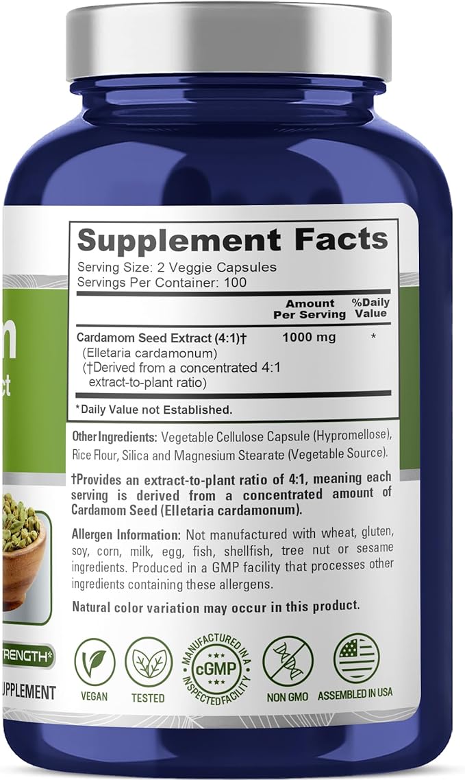 NusaPure Cardamom Capsules 1000 mg 200 Veg Capsules (Non-GMO Vegan)