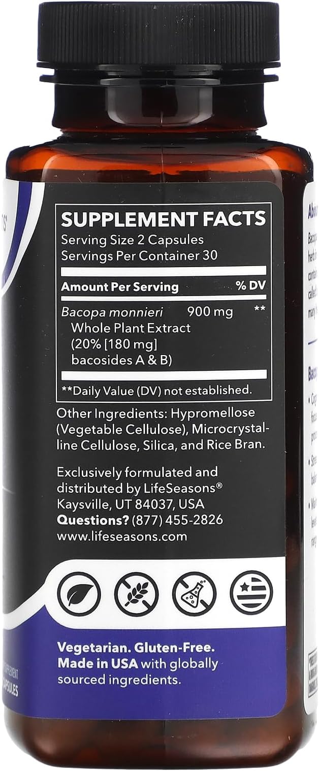 LifeSeasons Bacopa Extract 900 mg – Natural Memory &amp Focus Support Supplement Mood Balance &amp Brain Health 120 Veg Capsules Non‑GMO Gluten‑Free Vegan Friendly