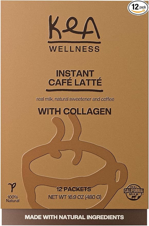 Liquid Instant Café Latte with Collagen – All-Natural Creamer with Hydrolyzed Bovine &amp Marine Peptides (Types I II III) for Hair Skin Nails Bones &amp Joints – 12 Single-Serve Packs
