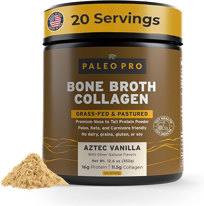 PaleoPro Bone Broth Collagen Protein Powder - Turmeric Root Grass-Fed Collagen Powder for Skin &amp Bones - Gluten Free No Sugar Soy Grains Net Carbs - Paleo Keto Friendly 20 Servings Aztec Vanil