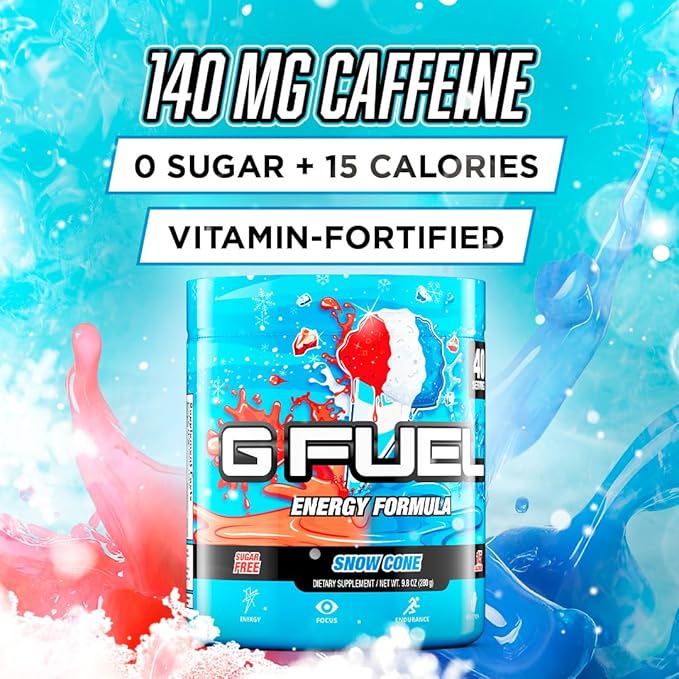 G Fuel Snow Cone Energy Drink Powder Pre Workout Caffeine Mix for Gaming Sugar Free Focus Amino Vitamin + Antioxidants 9.9oz (Snow Cone 40 Servings)