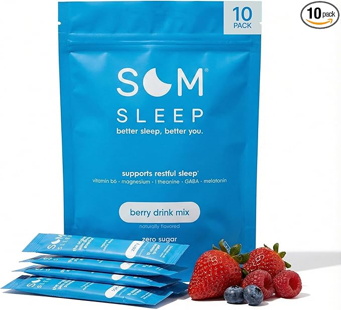 Som Sleep Calm Sleep Nighttime Powder Drink Mix Melatonin 3mg Magnesium Vitamin B6 L-Theanine &amp GABA – Vegan Zero Sugar – Berry 10-Pack
