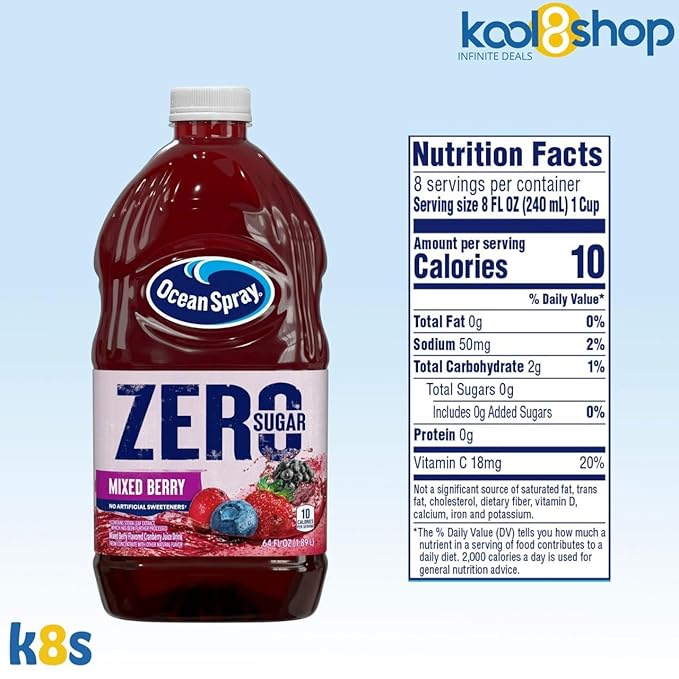 Ocean Spray Zero Sugar Mixed Berry Fruit Juice Drink 64 fl oz 4 Pack + 15 Sugarcane Disposable Straws by KOOL8SHOP Infinite Deals