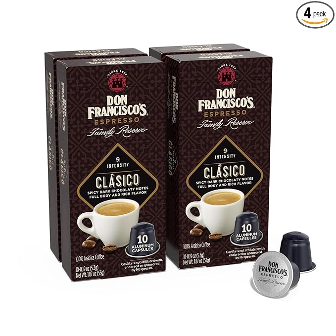 Don Francisco's Clasico Espresso Pods: 40 Recyclable Aluminum Capsules Intensity 9 Dark Roast Compatible with Nespresso Original Line Machines - Bold Cuban-Style with Spicy Chocolate Notes