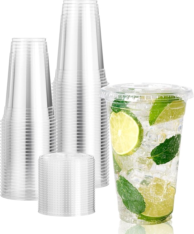 Vplus 160 Pack 20 OZ PET Clear Plastic Cups with Lids 20 OZ Crystal Cold Disposable Drinking Plastic Cups with Flat Lids Perfect for Ice Coffee Smoothie Juice