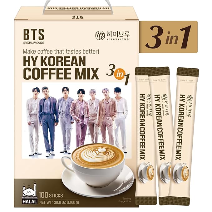 Korean Food HY Korean Coffee Mix Instant Coffee Powder Smooth &amp Creamy Taste 0.39 oz (11g) × 100 Sticks B.T.S Special Package