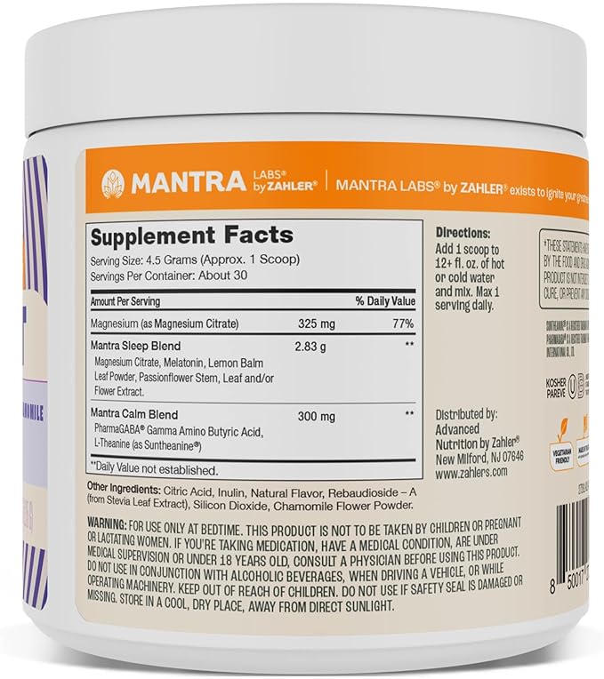 Zahler Mantra Rest The Calming Sleep Aid Supplement Lemon Chamomile Flavor 30 Servings.