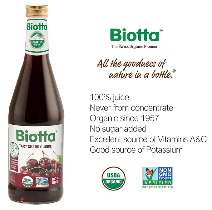 Biotta Tart Cherry Juice - 100% Natural Organic Cherry Fruit Juice - Excellent Source of Vitamin C and Potassium (16.9 Fl.Oz Pk of 6)