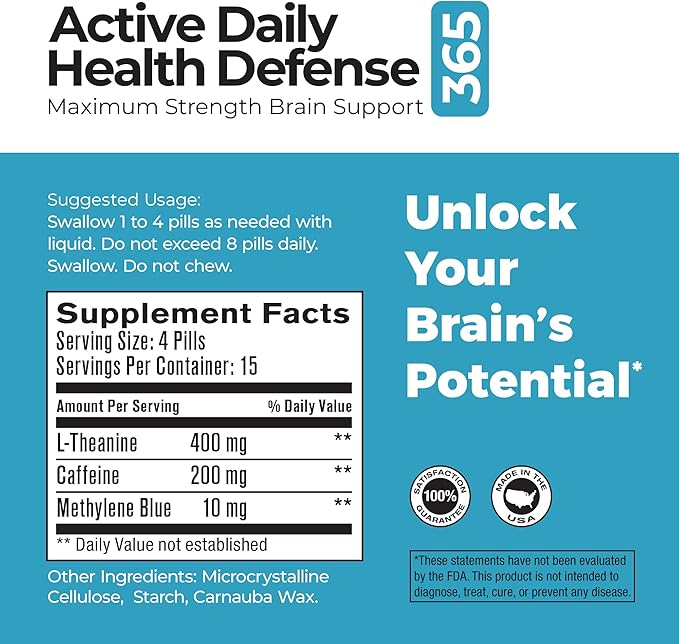 Maximum Strength Brain Support - Methylene Blue Caffeine and L-Theanine - Improve Focus and Memory - Unlock Your Brain’s Potential - 60 Tablets
