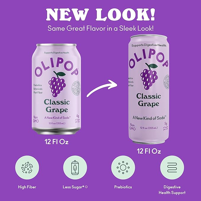 OLIPOP Prebiotic Soda Pop Classic Grape Pantry Pack Packed with Prebiotics Fiber and Botanicals Gluten Free GMO Free 12oz Skinny (12-Cans)