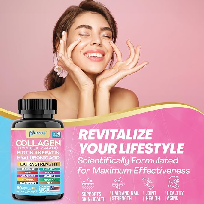Collagen Peptides Types I II III V &amp X MCG Biotin Keratin Hyaluronic Acid MSM Zinc Grape Seed Extract Quercetin Vitamin A Vitamin C Vitamin E Magnesium Folic Acid (90 Capsules)