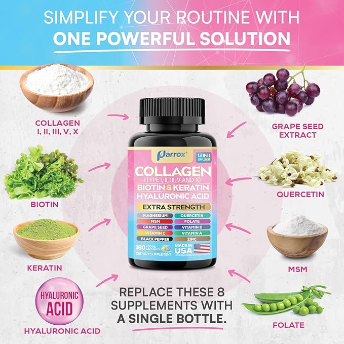 Collagen Peptides Types I II III V &amp X MCG Biotin Keratin Hyaluronic Acid MSM Zinc Grape Seed Extract Quercetin Vitamin A Vitamin C Vitamin E Magnesium Folic Acid (180 Capsules)